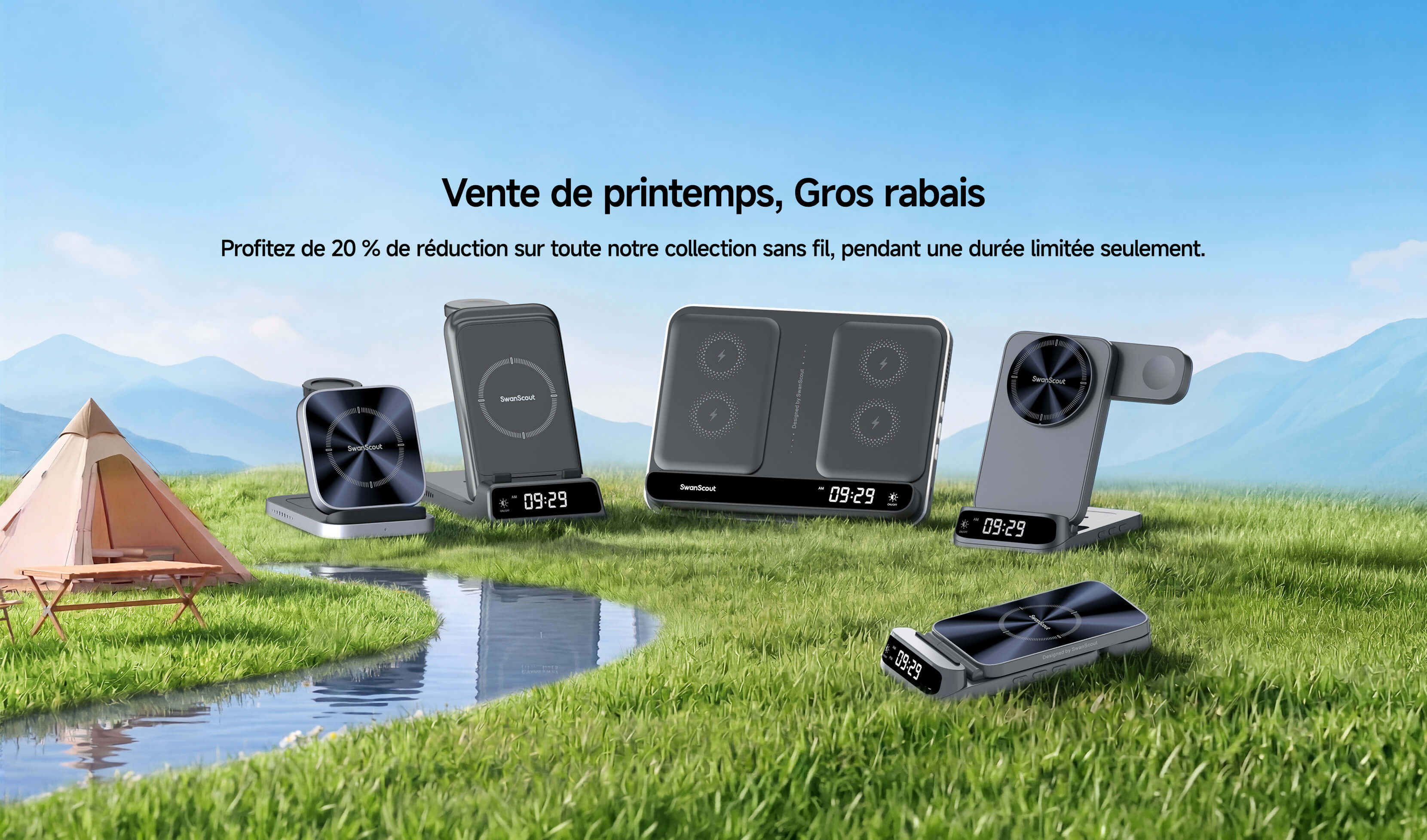 Promotion printemps 2026 SwanScout avec stations de charge sans fil dans un paysage naturel avec herbe et rivière