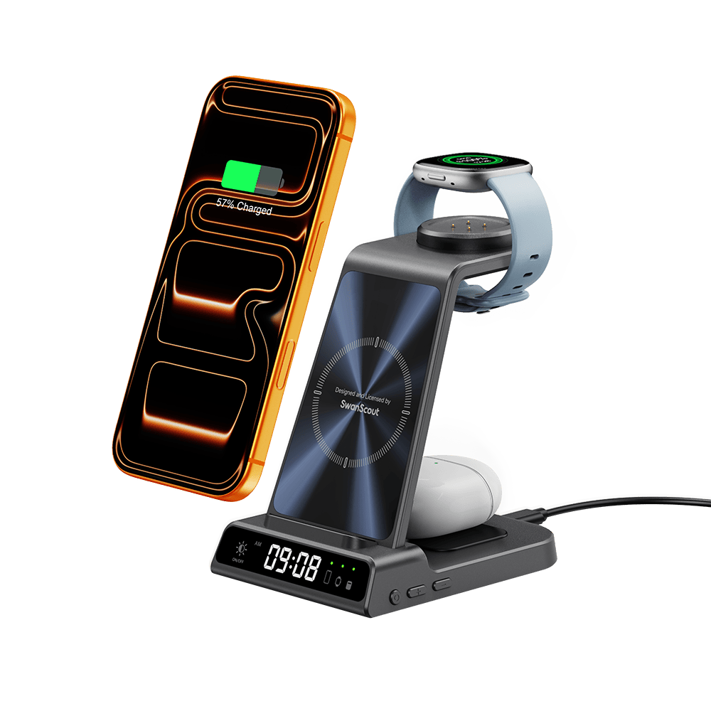 SwanScout C01FB 3-in-1 wireless charger stand for Fitbit watch, showing sleek black design with charging ports and watch placement area.