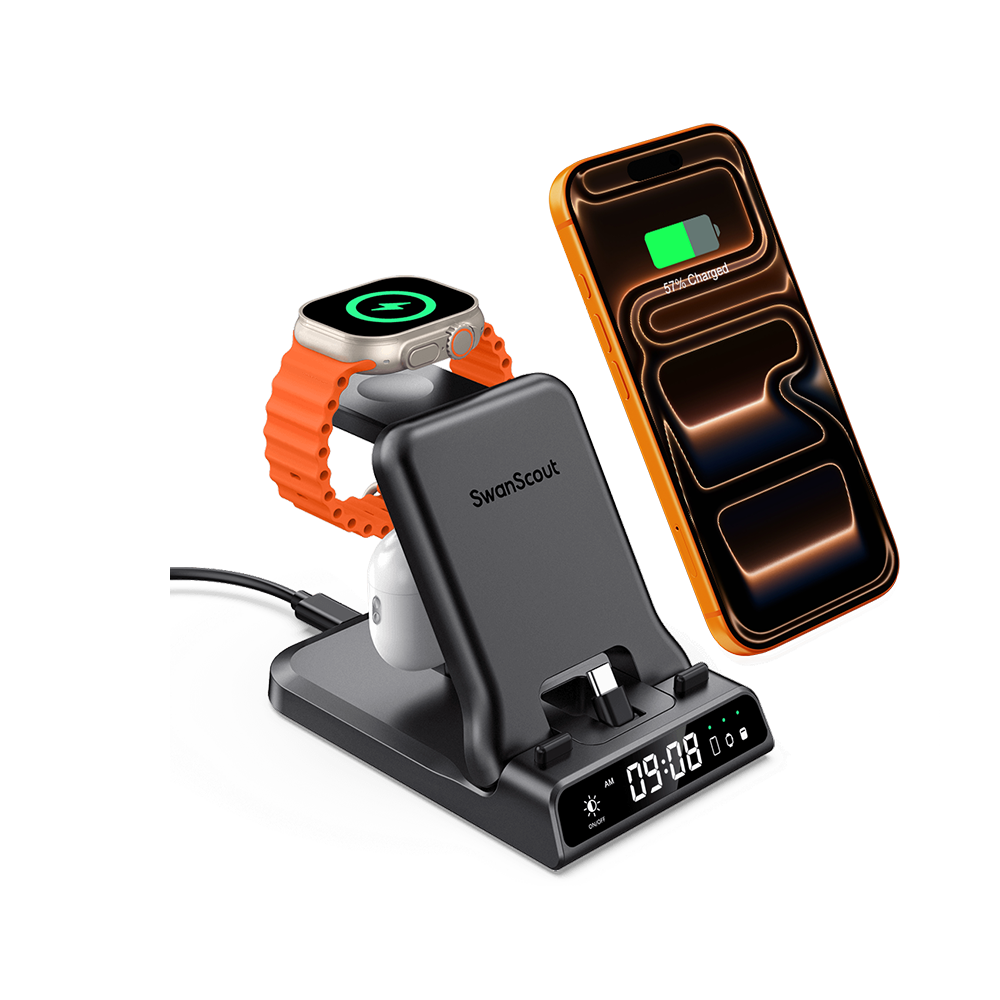 SwanScout 701AC - Przewodowa szybka ładowarka dla Apple (z portem USB C) z zegarem