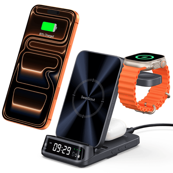 The swanscout 708A is a smart iPhone and Apple Watch charging station built for users who demand organized elegance.