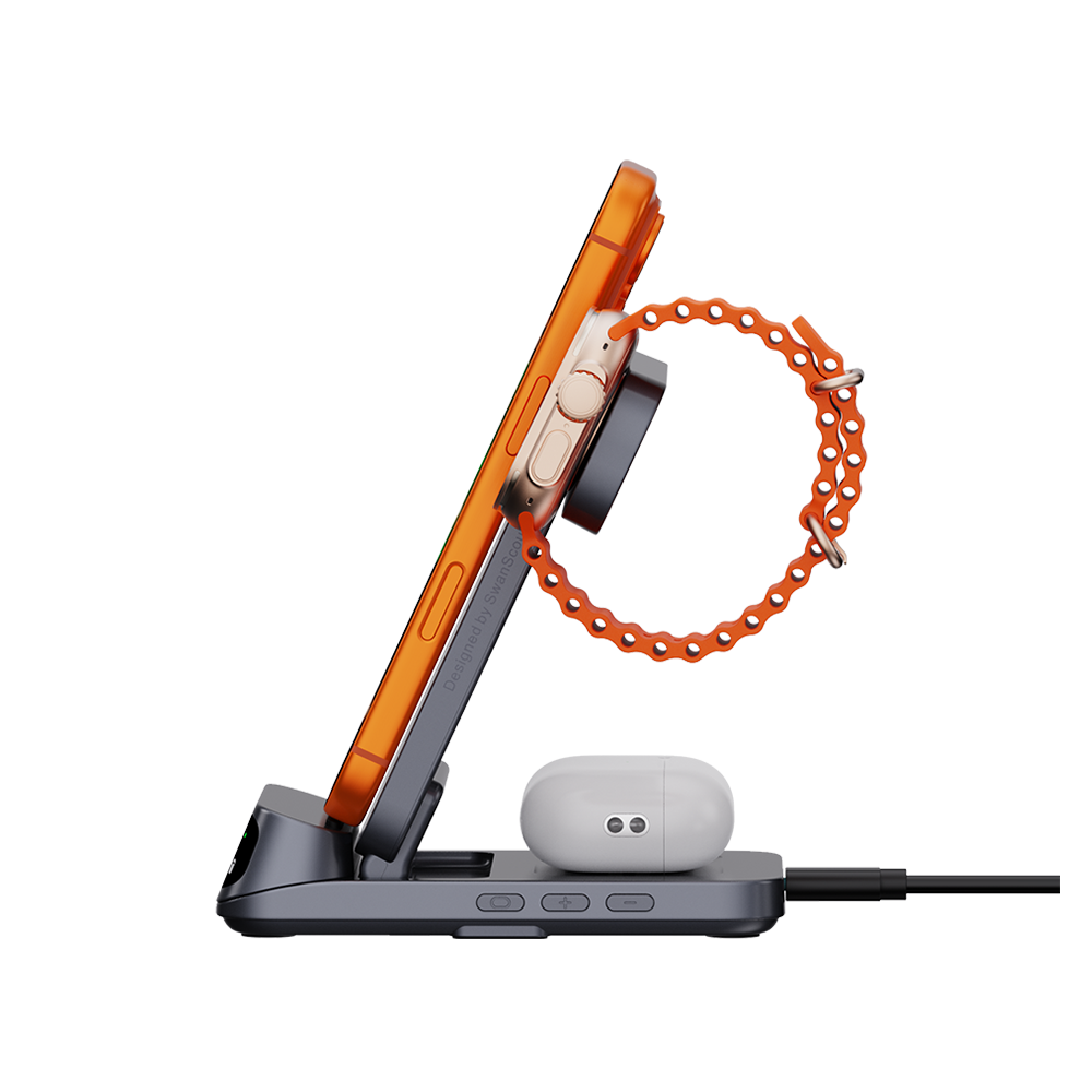 SwanScout 708A - 3 w 1 bezprzewodowa ładowarka dla Apple z zegarem
