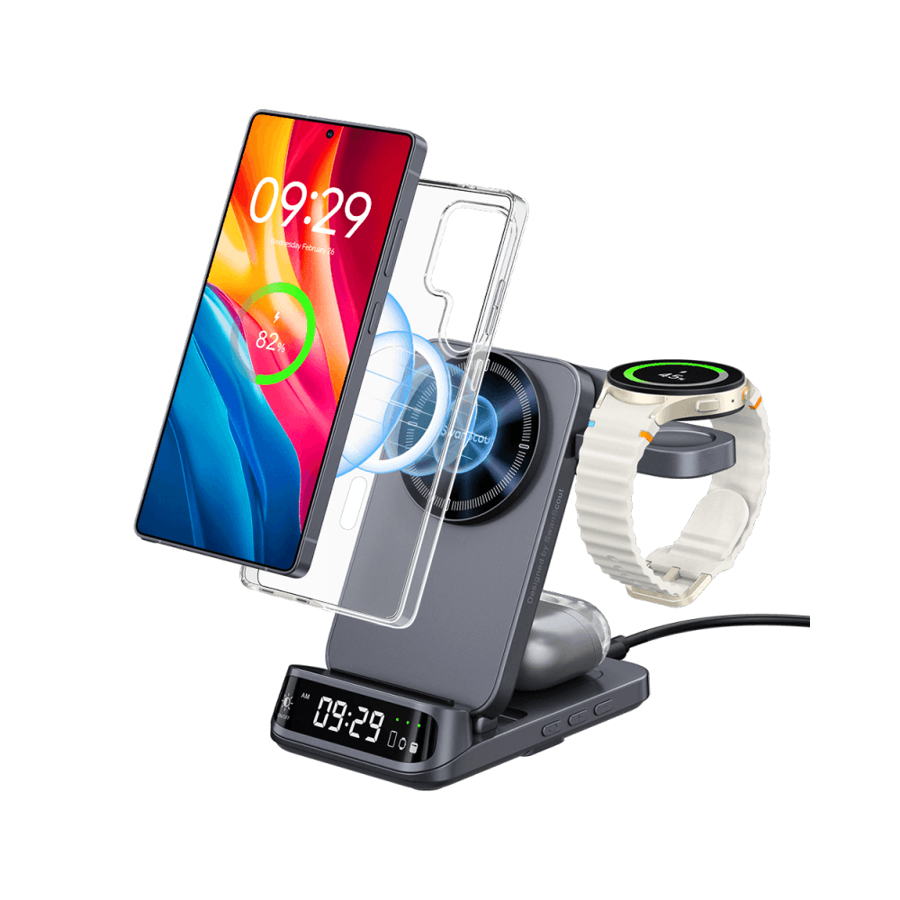 SwanScout 708SM - 3-in-1 magnetisches kabelloses Ladegerät für Samsung mit Uhr