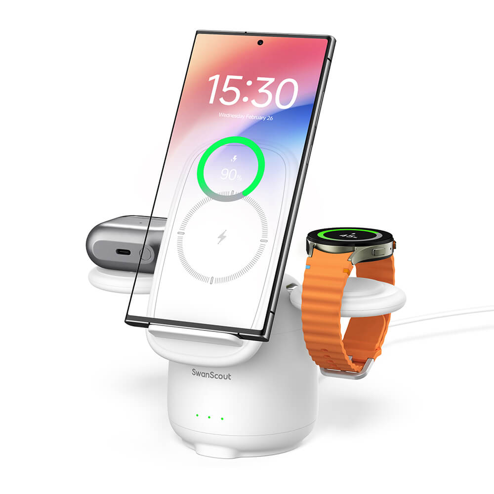 SwanScout 707S is a stable and elegant 3-in-1 wireless charger compatible with Samsung devices.