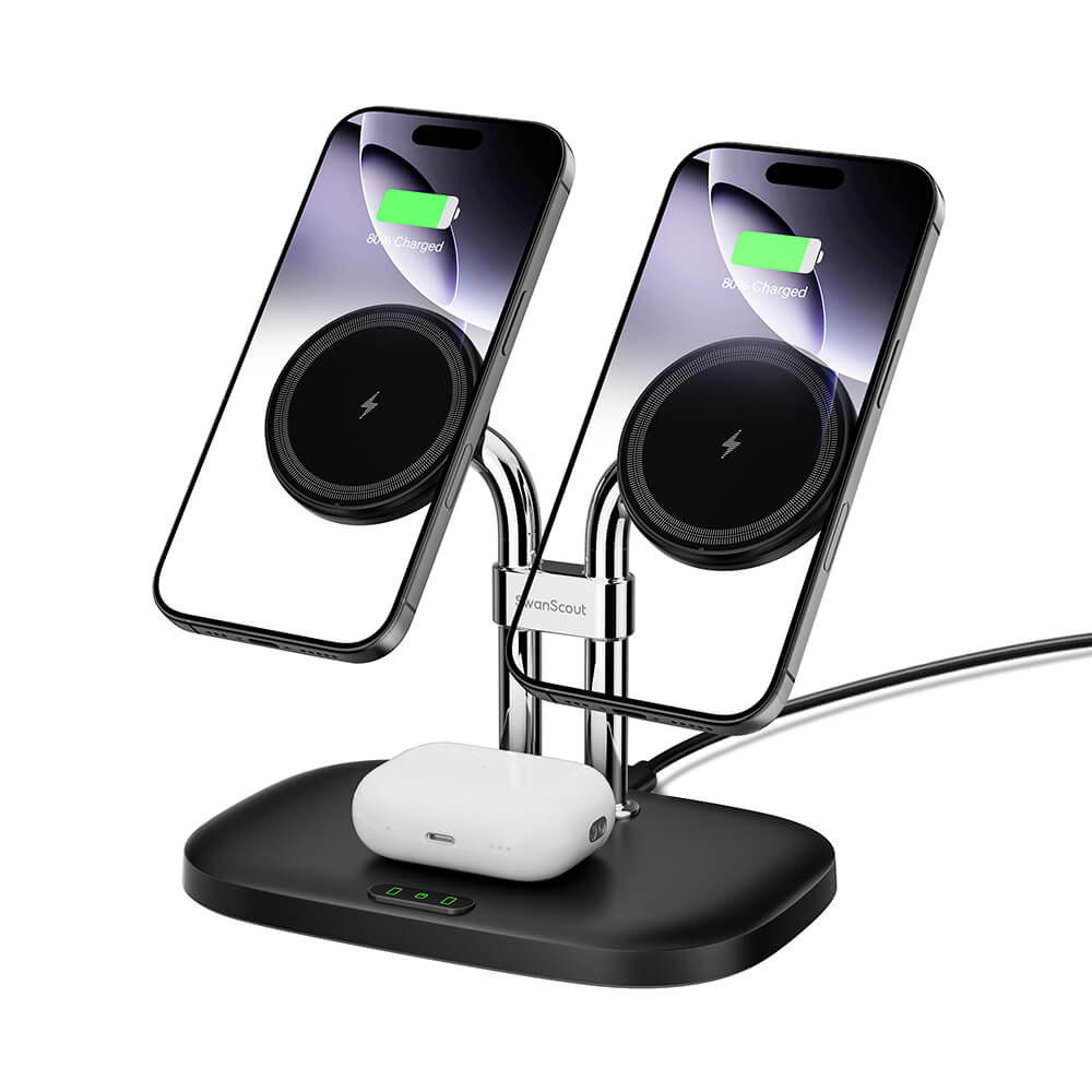 SwanScout 706M is a black magnetic dual phone wireless charger compatible with the iPhone 16e.