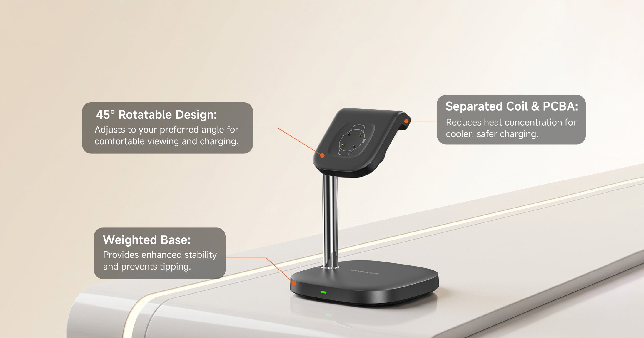 A black wireless charging stand with a 45-degree rotatable design, weighted base, and separated coil and PCBA, shown on a light gray surface with three callout text boxes explaining its features.