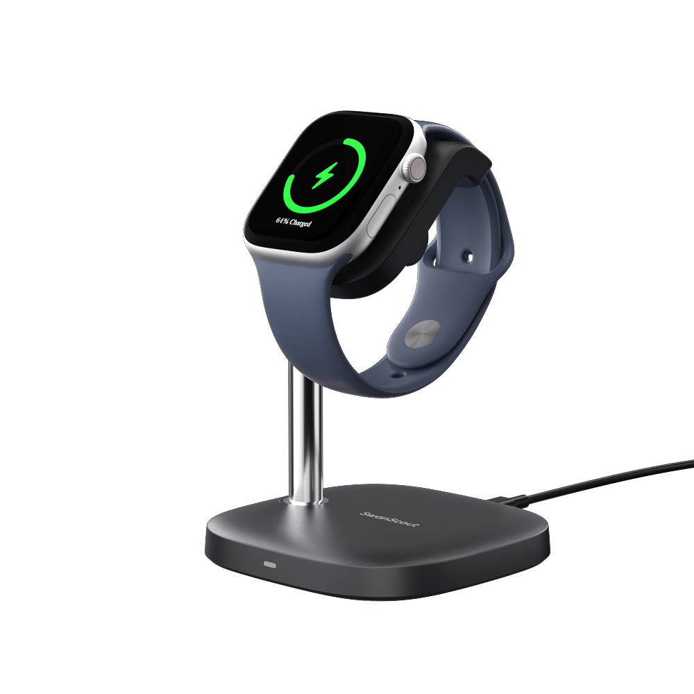 The SwanScout 505A is a sleek Apple Watch charger stand, combining fast charging with a minimalist vertical display.