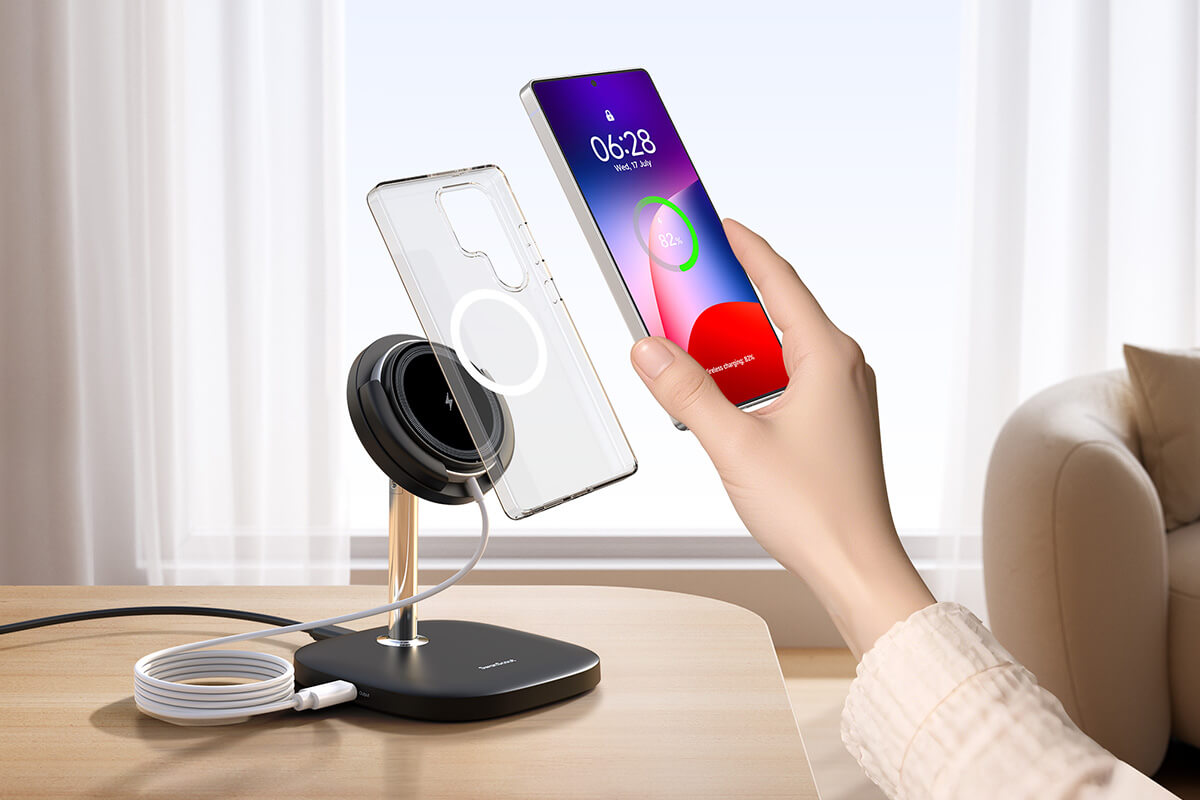 A person charging a Samsung phone with magsafe case on SwanScout 506SM