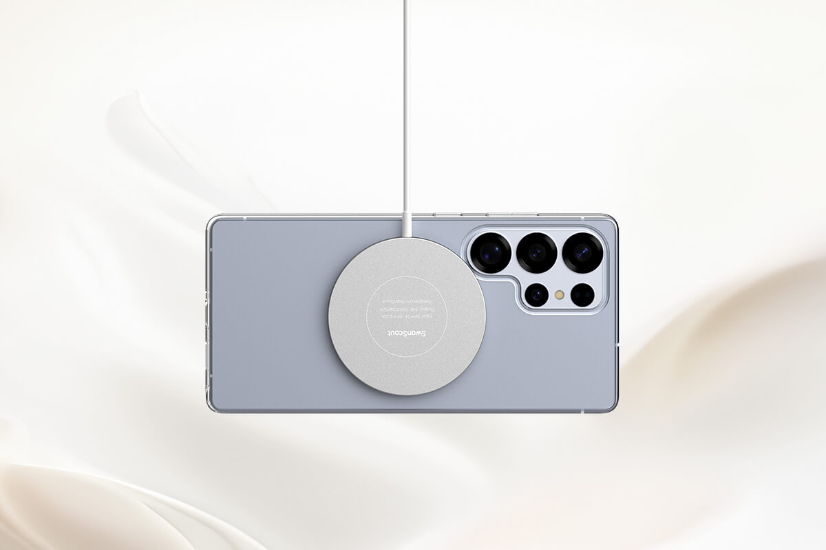 A detachable charging pad with a Samsung S25 Ultra attached on it