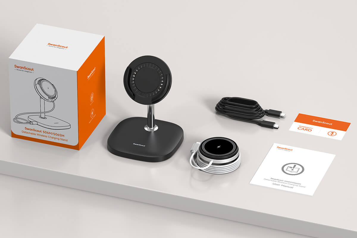 The box contents include one SwanScout 506SM wireless charging station, one charging cable, one user manual, and one warranty card.