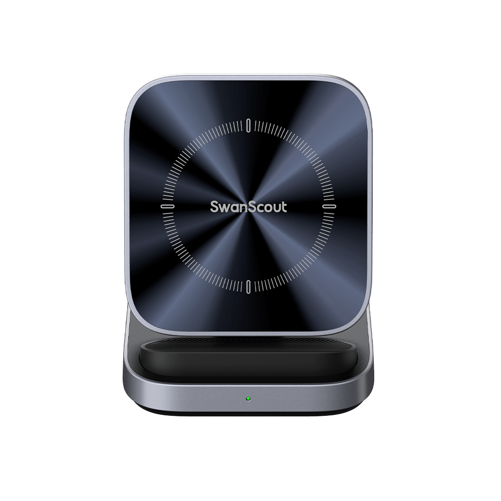 Front view of SwanScout 508 featuring a minimalist design and a front LED charging indicator that shows real-time power status.