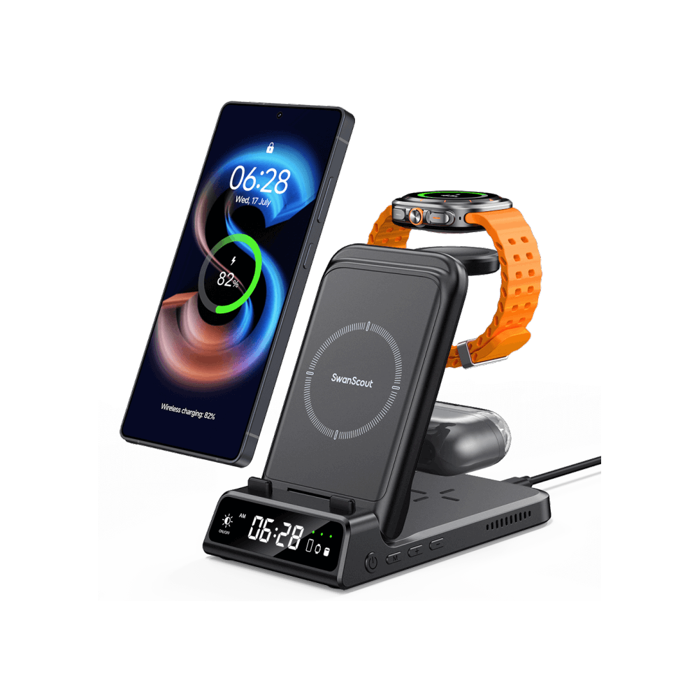SwanScout 703S gray wireless station charging Samsung Galaxy S25 Ultra, Galaxy Watch, and Buds simultaneously with an integrated digital clock.