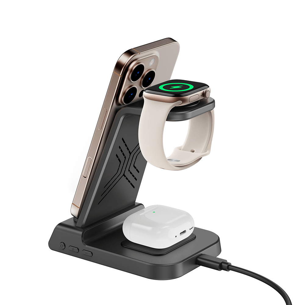 The SwanScout C02 is a minimalist charging station designed for phones, watches, and earbuds.