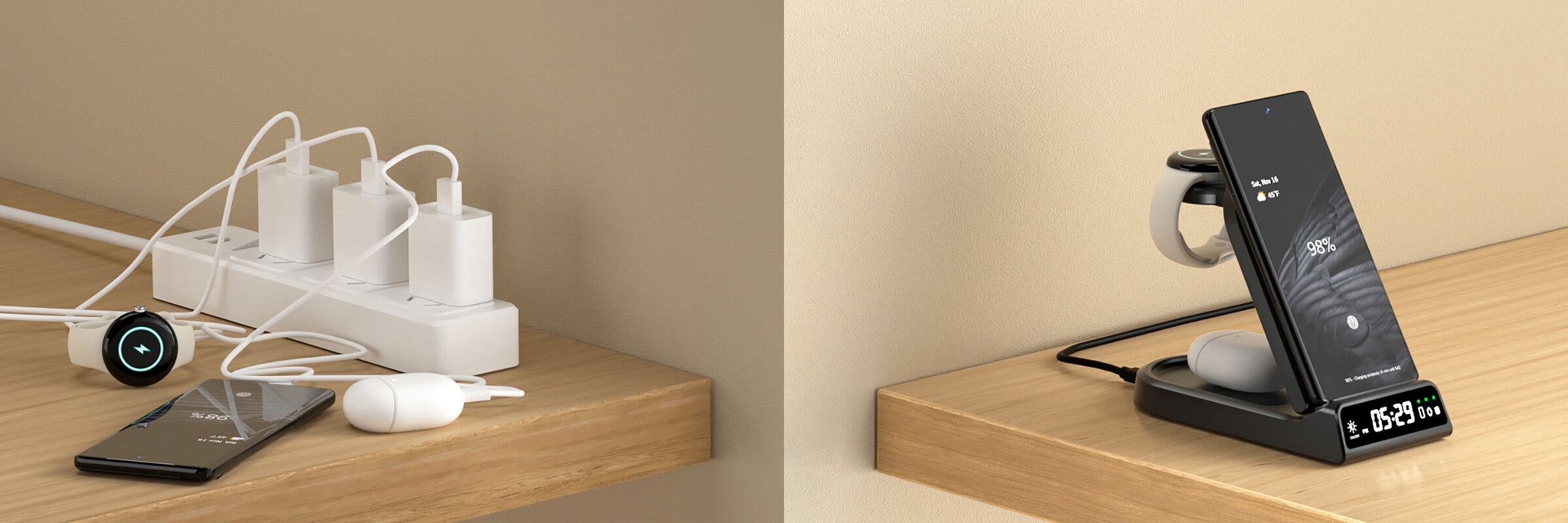 Keep your Pixel phone and smartwatch powered with the swanscout 702G, a premium Google Pixel charging station with LED time display.