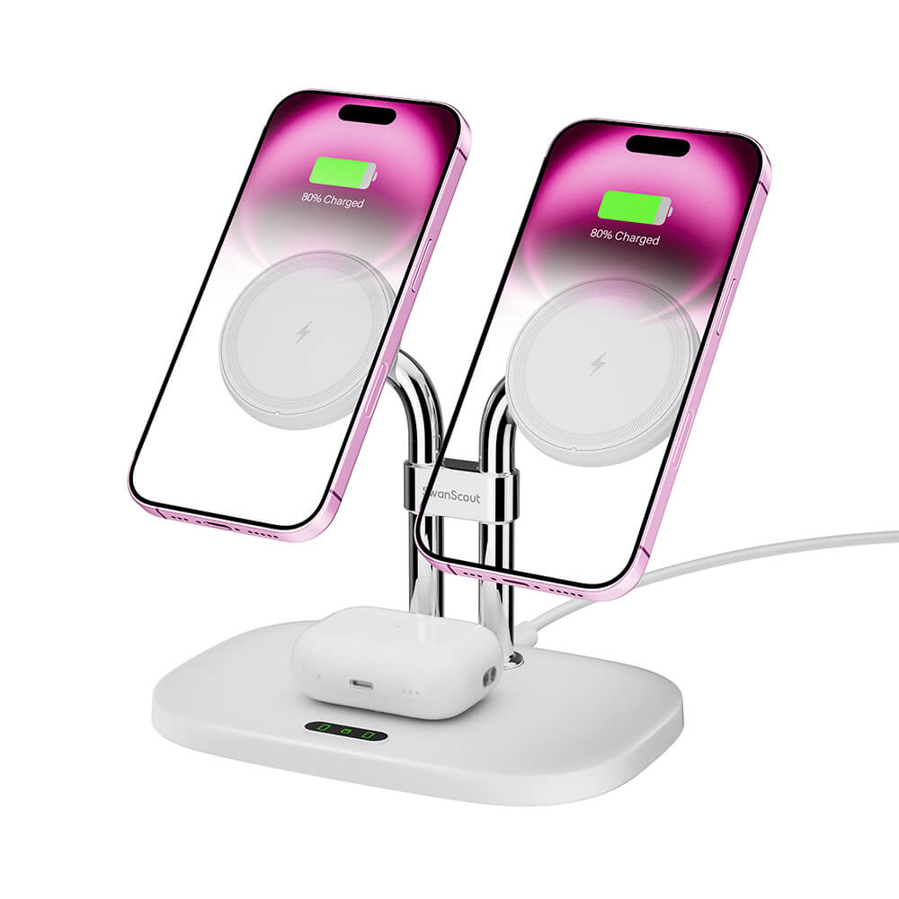 The SwanScout 706M is a magnetic dual phone wireless charger compatible with iPhone 12 and later models.