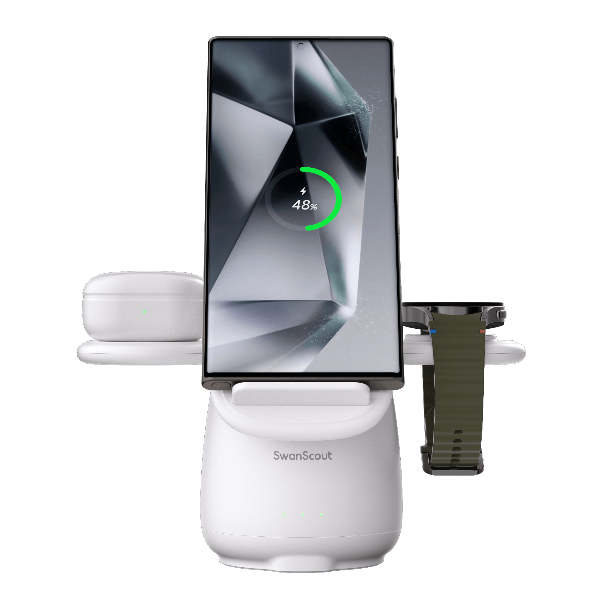 The SwanScout 707S is a sleek Samsung wireless charging station built for daily efficiency and smart device organization.
