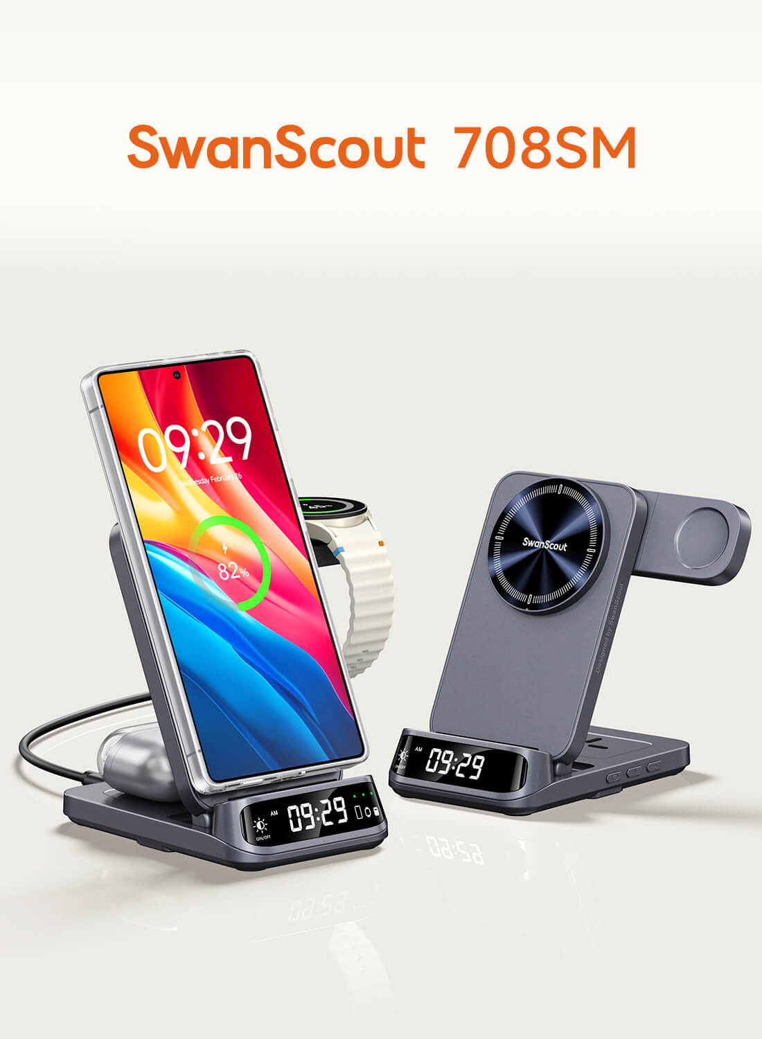Side-by-side comparison of two SwanScout 708SM chargers showing folding flexibility