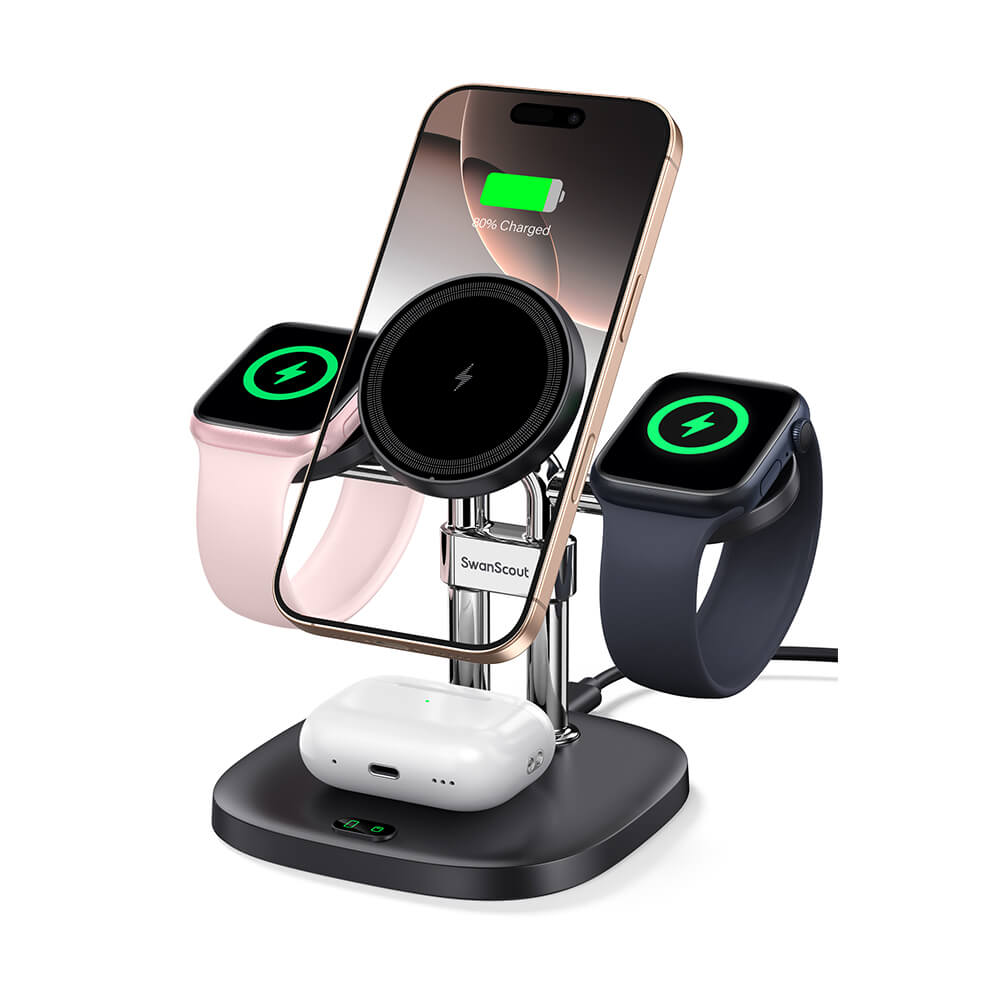 SwanScout 709M is a compact Apple Watch charger that fits perfectly on any desk or nightstand.