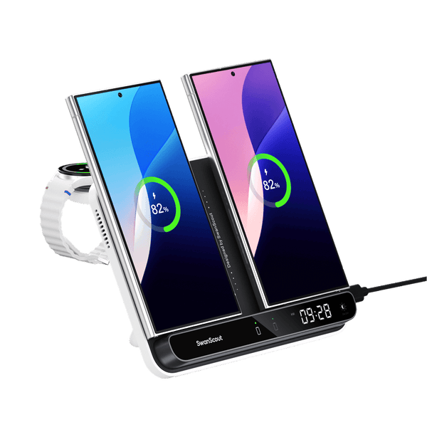 The dual wireless charger offers simultaneous charging for two Samsung devices.