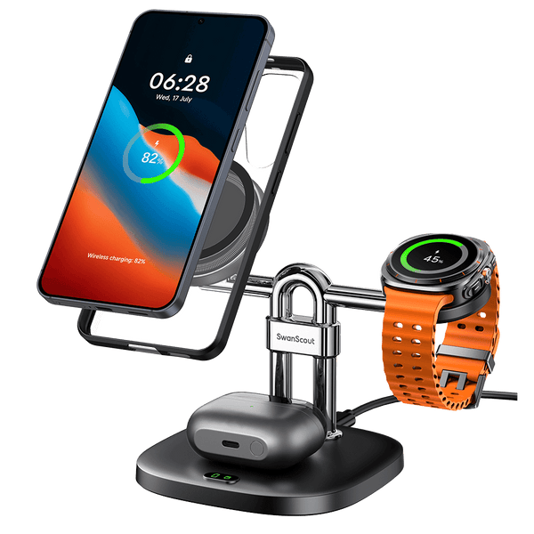 SwanScout 712SM - محطة شحن لاسلكية مغناطيسية 3 في 1 لهواتف Samsung