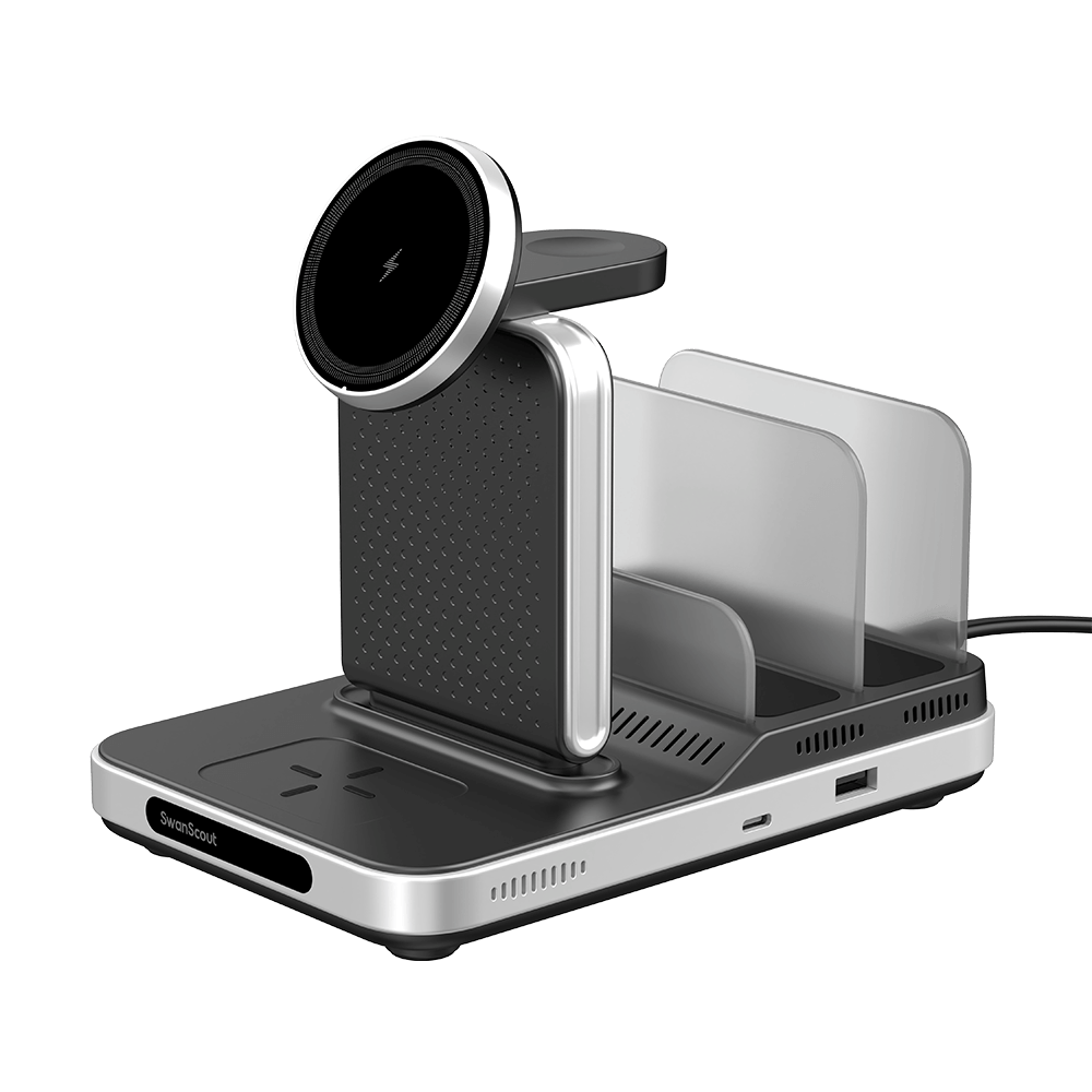 Streamline your desk with the SwanScout 901M, a 5 in 1 charging station Apple users trust for watch, phone, and others.
