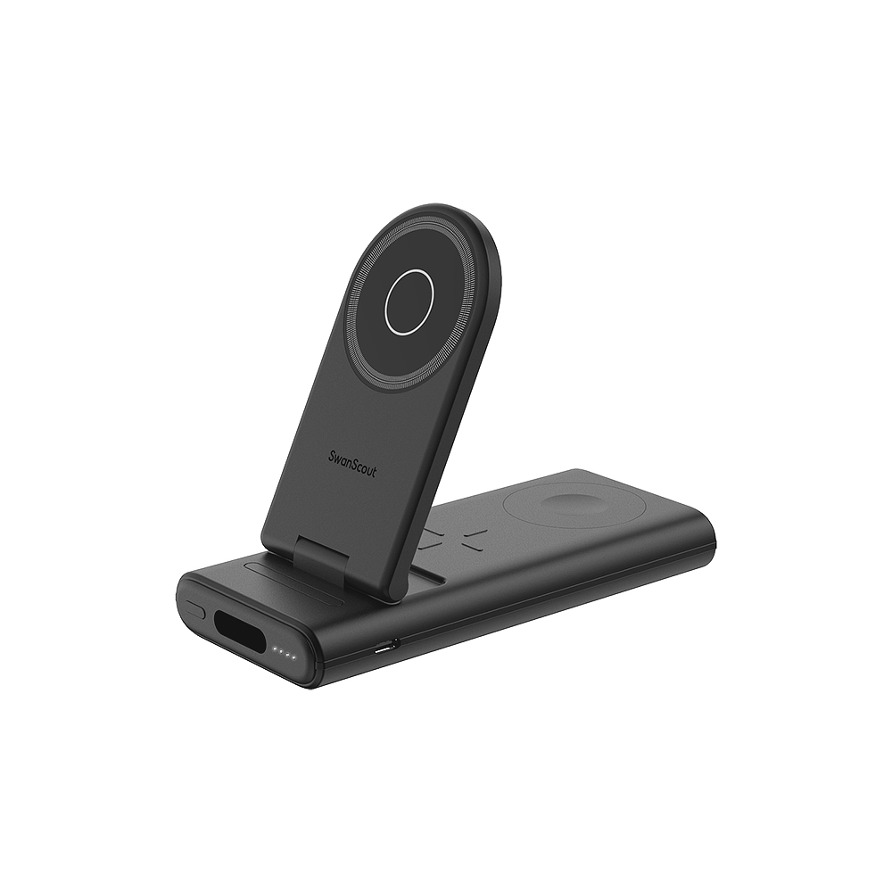 SwanScout 301M 3-in-1 magnetic power bank for Apple devices, showing front view with magnetic charging feature.