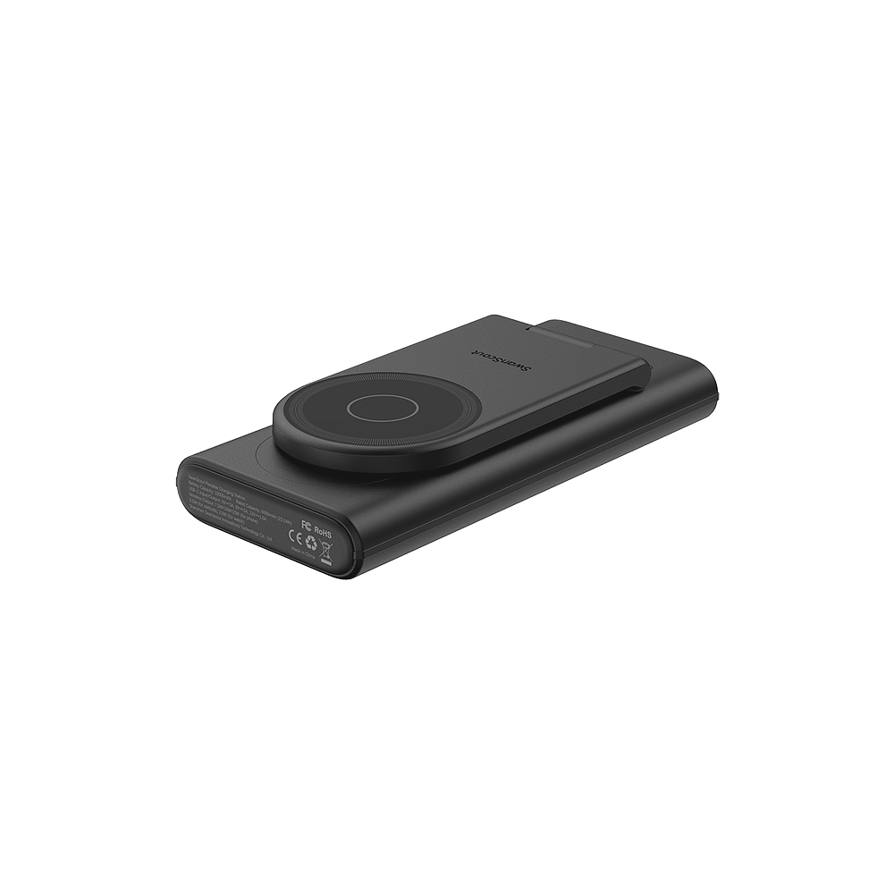 SwanScout 301M 3-in-1 magnetic power bank for Apple, folded side view showing compact design and magnetic charging features.