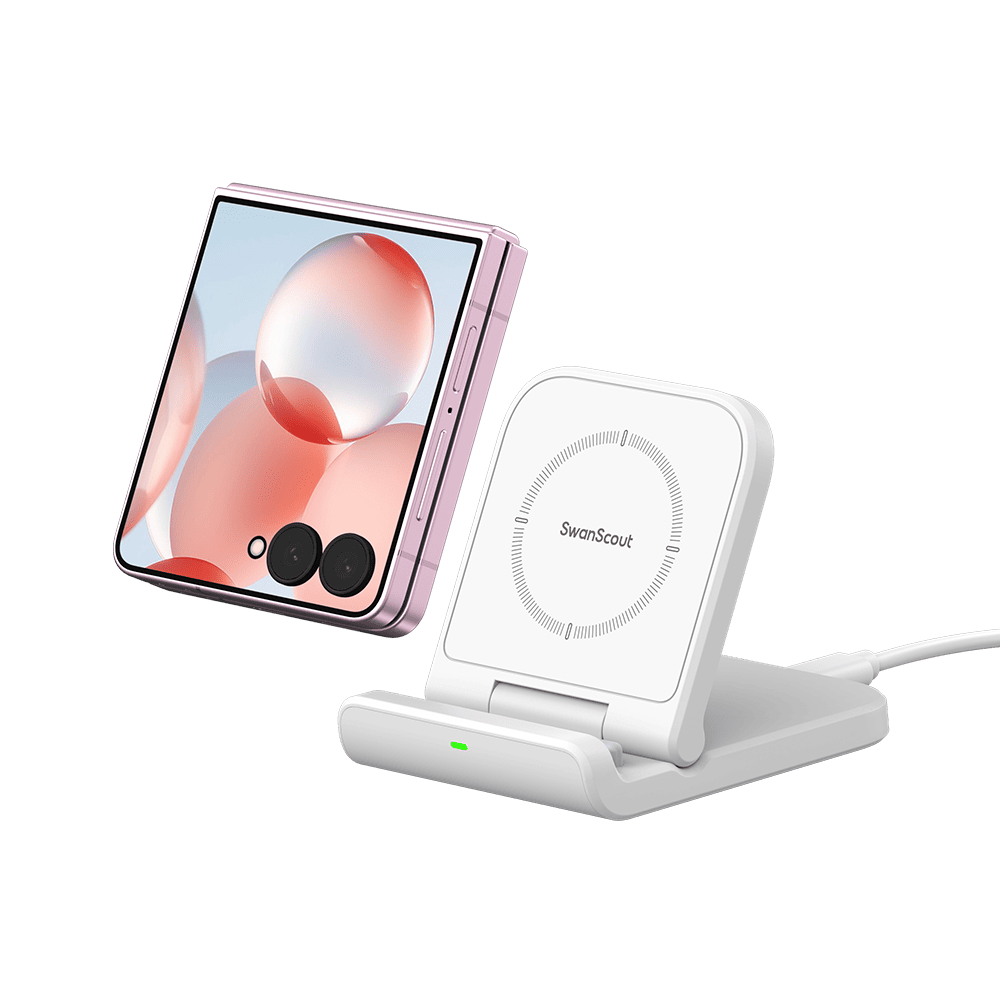White SwanScout 501S wireless charging stand with a pink Galaxy Z Flip phone