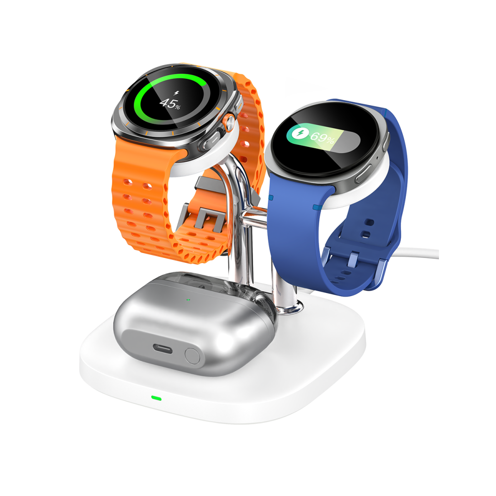 SwanScout 704S white wireless charging station, designed to charge two Samsung Galaxy Watches and Galaxy Buds Pro simultaneously in one compact dock