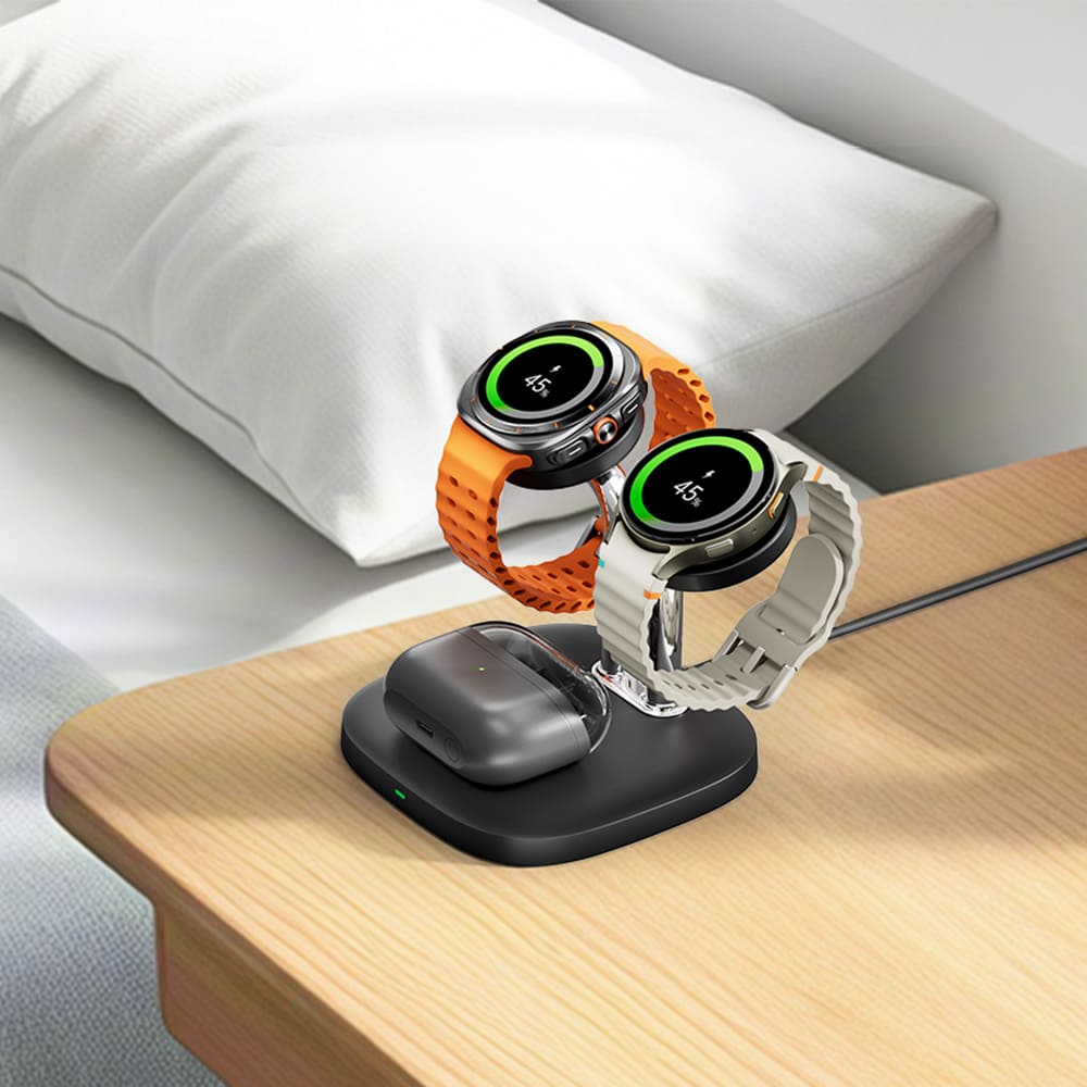 SwanScout 704S charging station for two Galaxy Watches and Galaxy Buds on an office desk