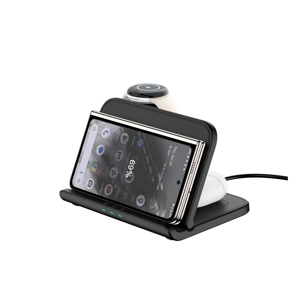 Google Pixel 9 Pro Fold placed horizontally on the SwanScout 705G, utilizing the 25W fast wireless charging for cinematic viewing or standby mode