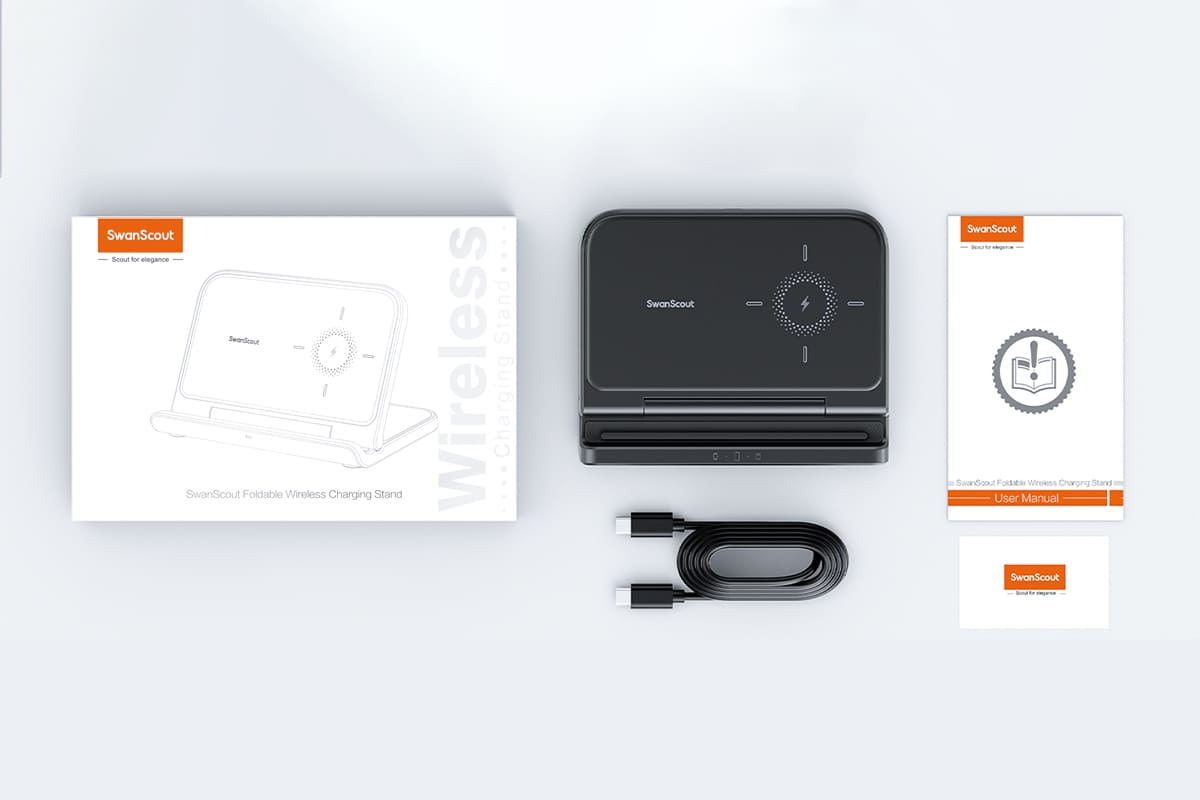 Package contents and included accessories for the SwanScout 705S 3-in-1 wireless charger