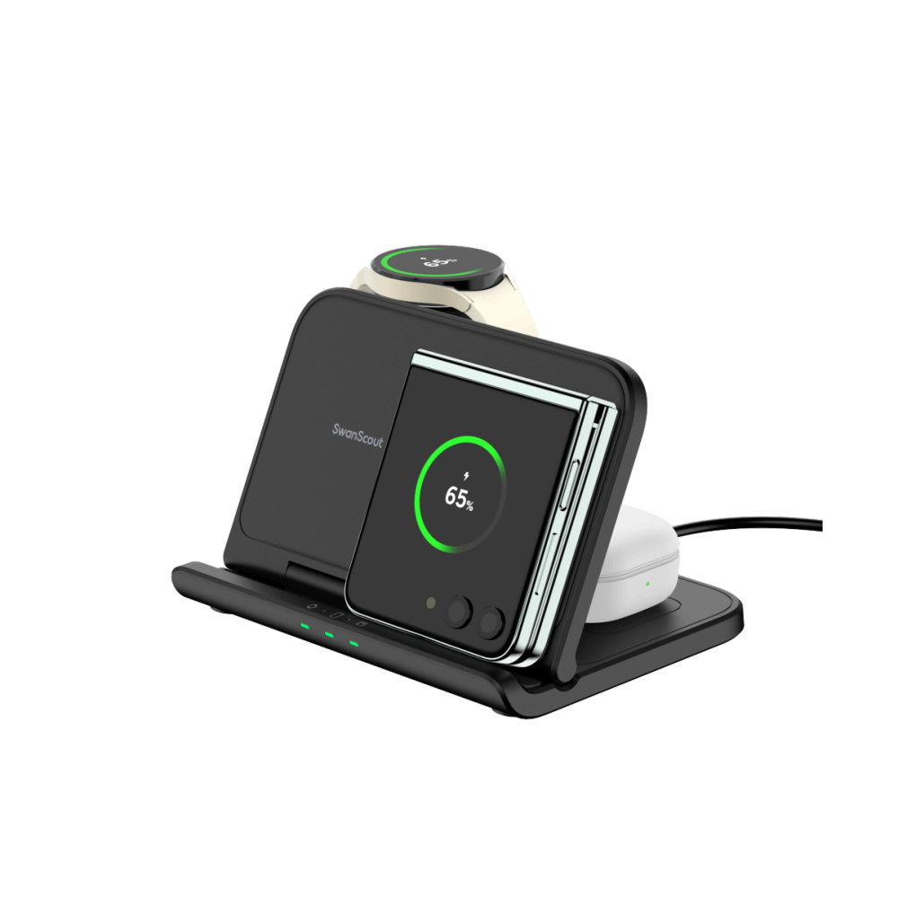 Side-by-side view of a Galaxy Z Flip 7 charging on the SwanScout 705S, demonstrating wide compatibility with smaller foldable Android phones