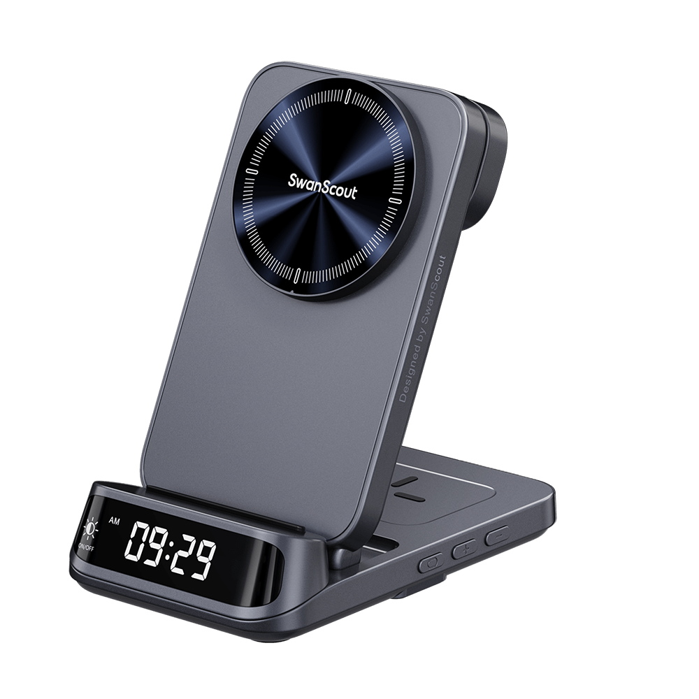 Front-right profile of SwanScout 708SM with the watch charger folded, illustrating the compact design and 3D LED clock with adjustable dimming