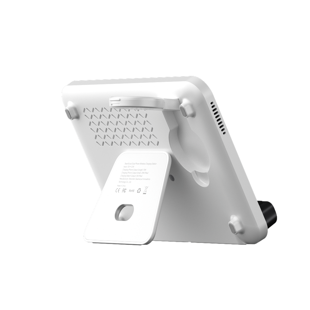 Rear-right view of the foldable SwanScout 710S, designed to fold flat for portability and charge earbuds on the primary wireless coil