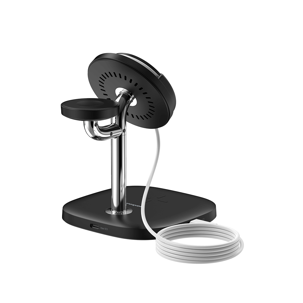 SwanScout 711M rear-right view demonstrating the detachable structure and space-saving design, making it an ideal portable charging stand for travel