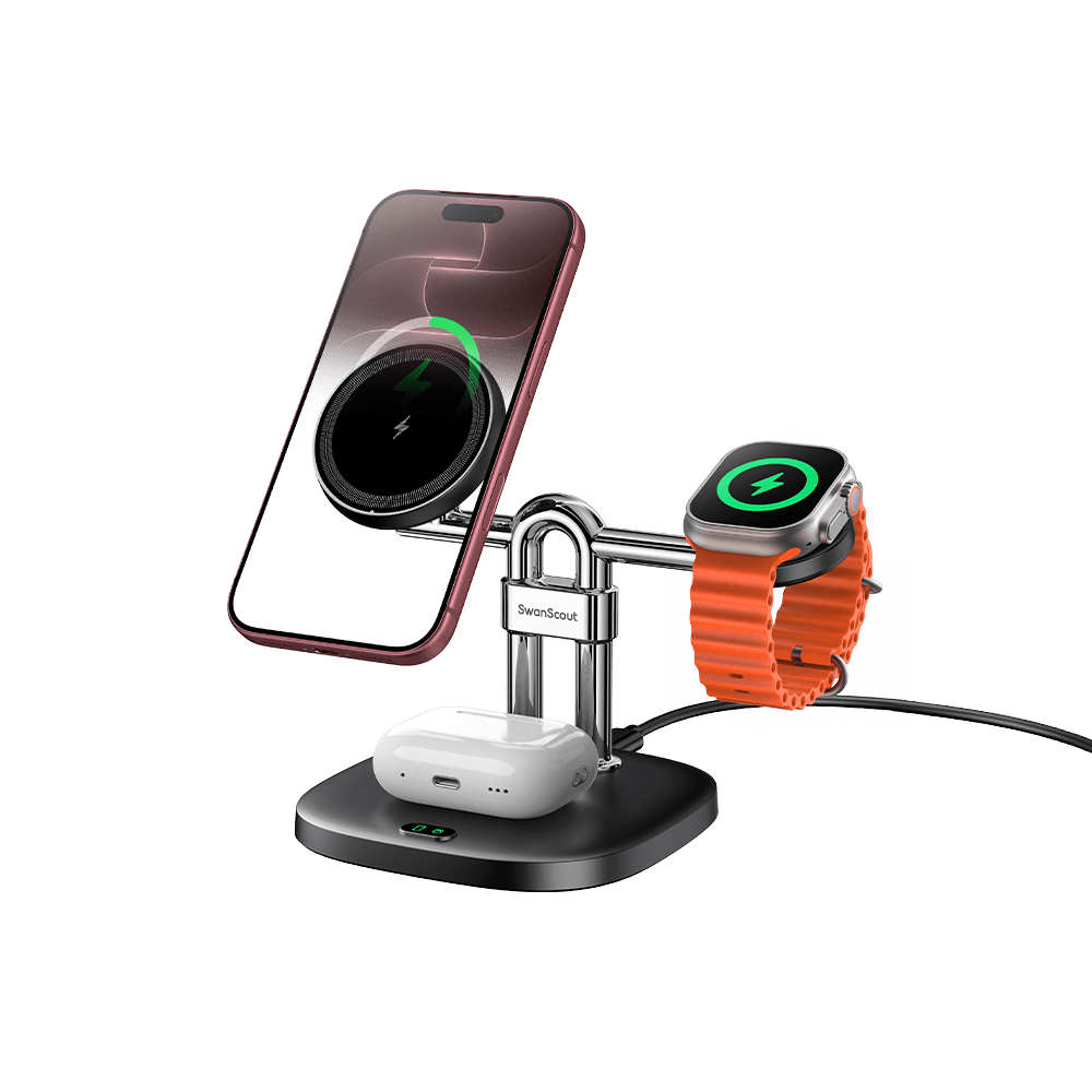 3-in-1 magnetic charging station holding iPhone 18 Pro Max and Apple Watch SwanScout 712M