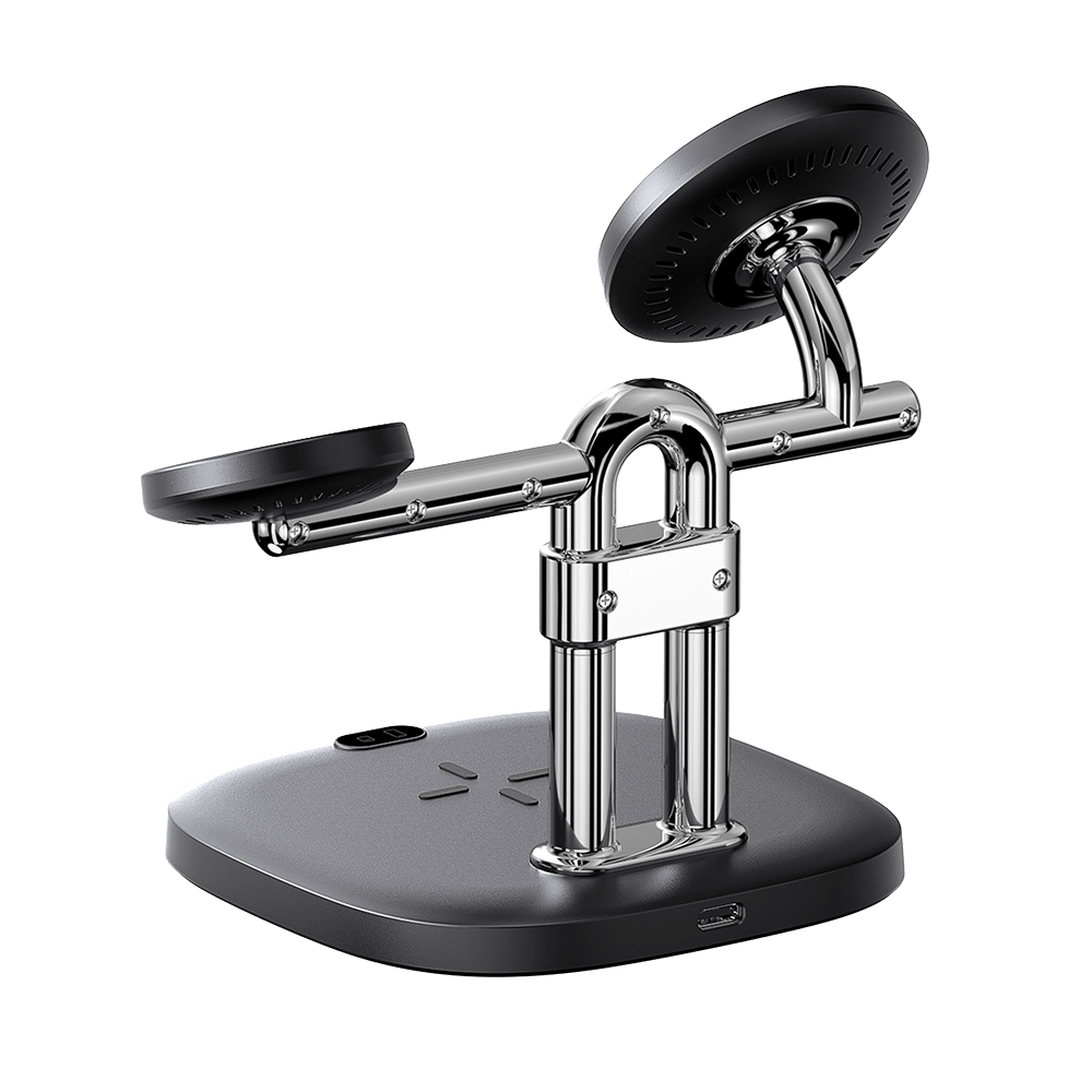 Rear-left view of the SwanScout 712SM, illustrating the clean cable management and sturdy stand structure for Samsung S25 and Z Flip 7