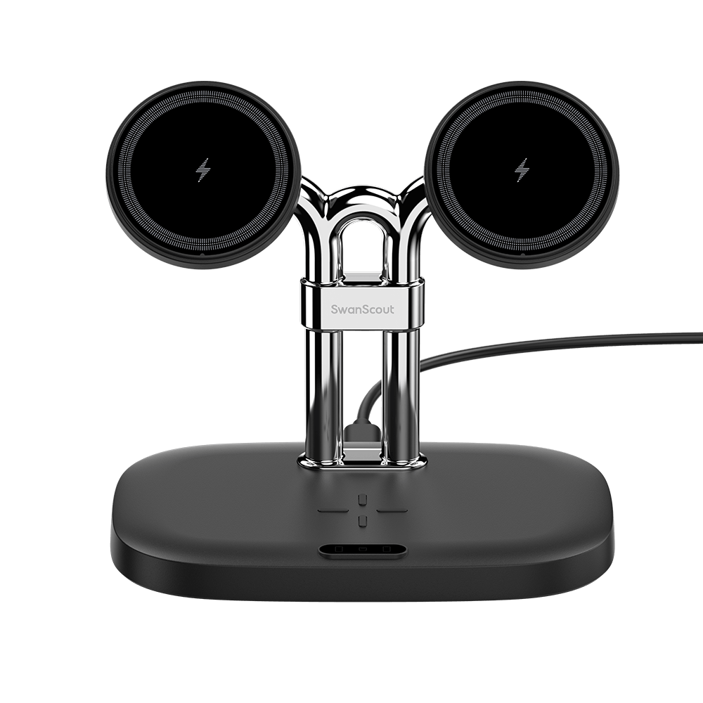 SwanScout 902M 5-in-1 wireless charging station for Apple devices on a compact desktop organizer with multiple charging areas.