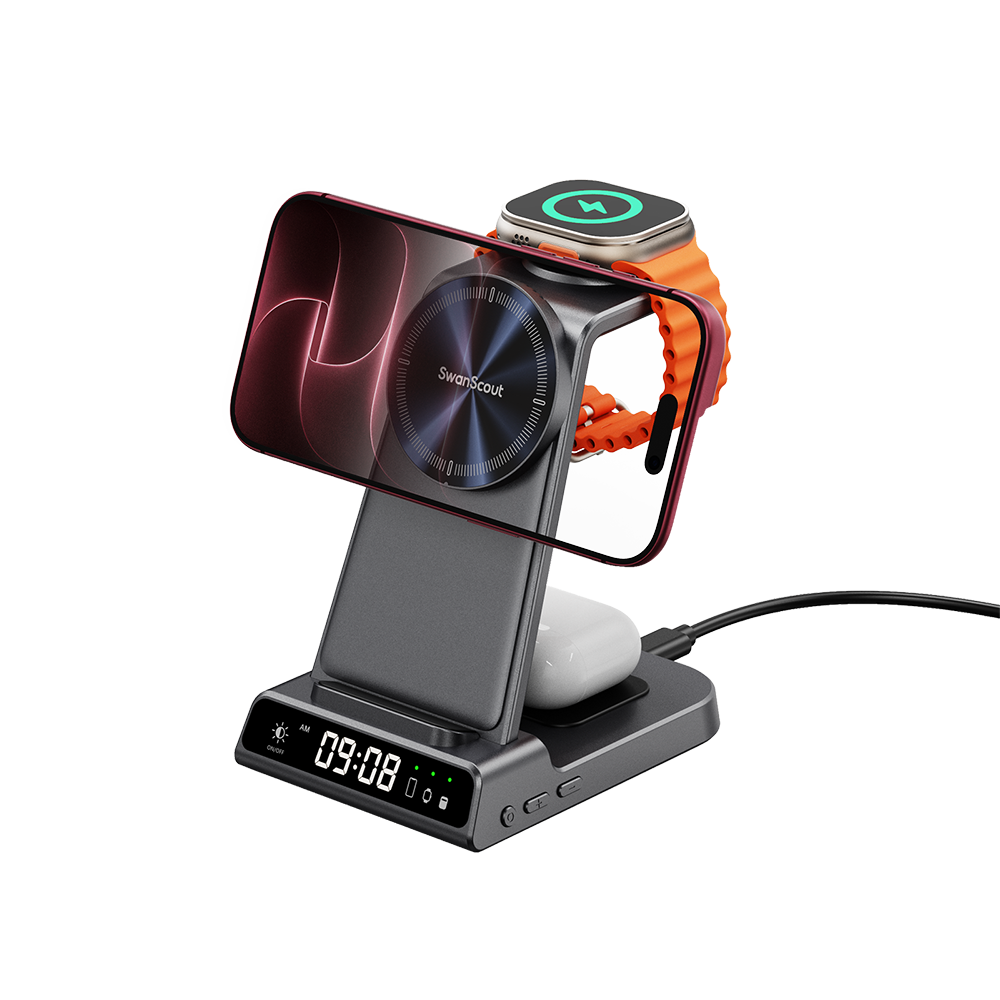 Apple wireless charger holding iPhone 18 Pro horizontally and Apple Watch SwanScout C02M