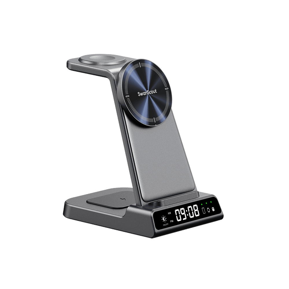 SwanScout C02M 3-in-1 magnetic charging station for Apple devices, minimal design with front-left view showing charging ports and sleek build.