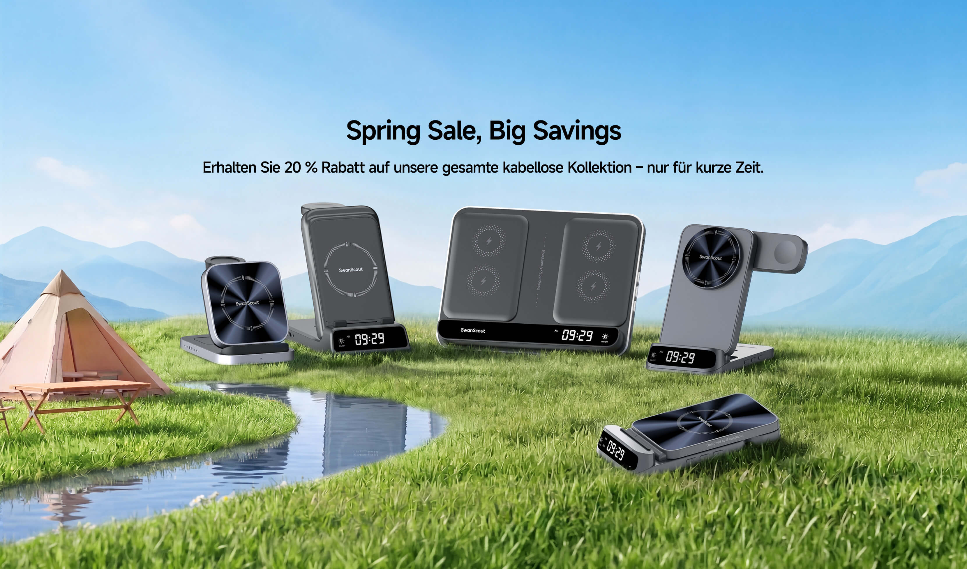 SwanScout kabellose Ladestationen Frühlingsangebot 2026 in einer natürlichen Landschaft mit Gras und Fluss