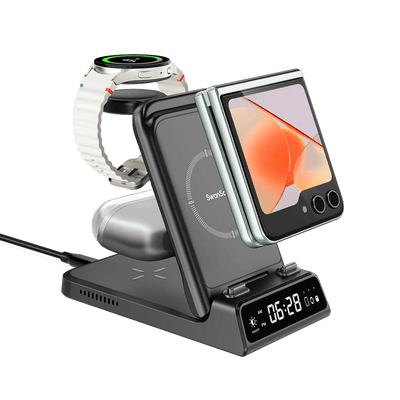 The SwanScout 703F is a sleek charging station with clock that supports wireless charging for the Samsung Z Flip 6.
