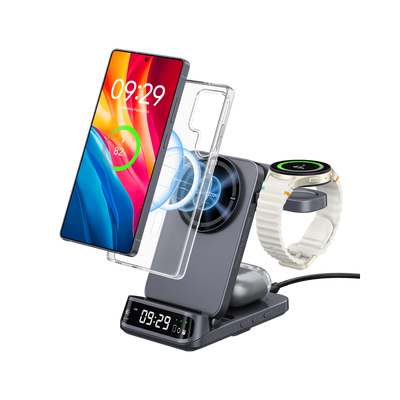 SwanScout 708SM - 시계가 포함된 삼성용 3-in-1 자기 무선 충전기