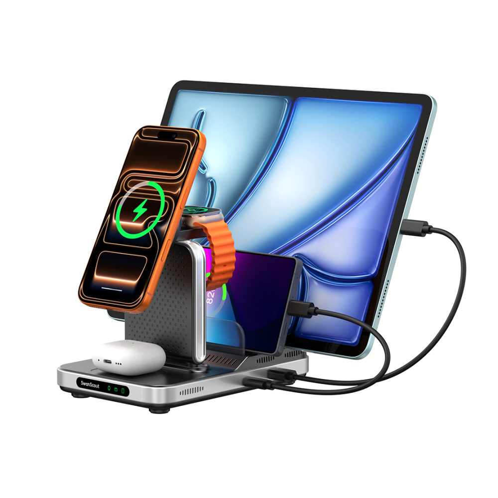 SwanScout 901M - 5-i-1 trådlös laddare för Apple, perfekt för skrivbord