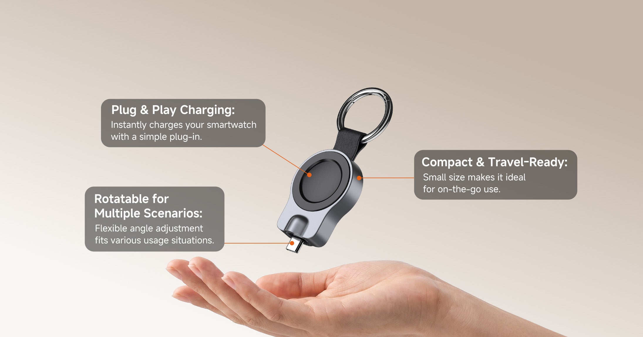 A compact, travel-ready smartwatch charger with a key ring. 