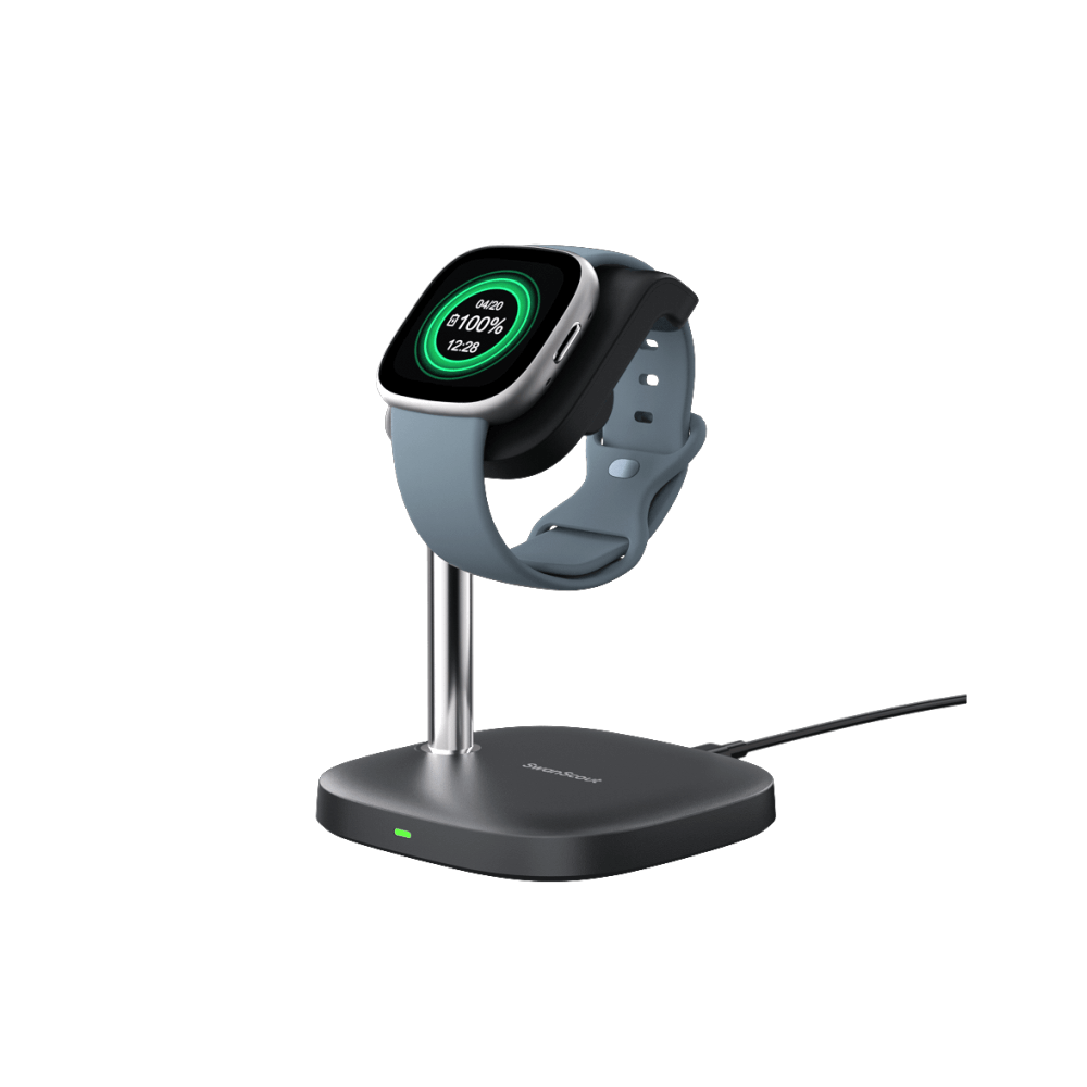 SwanScout 505FB charging stand for Fitbit Sense 2 and Versa 4, featuring a secure dock for daily health tracking maintenance.