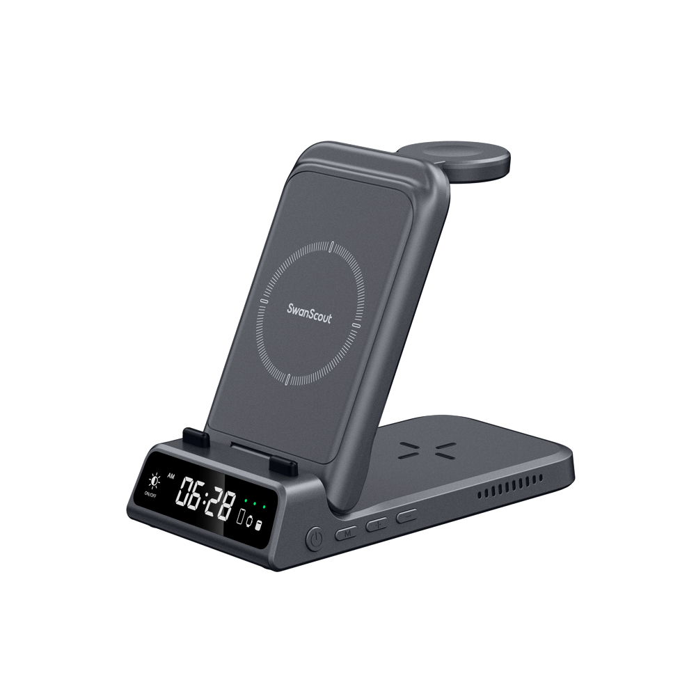 SwanScout 703A in gray finish, featuring a three-in-one wireless charging layout and a digital clock display for a modern aesthetic.