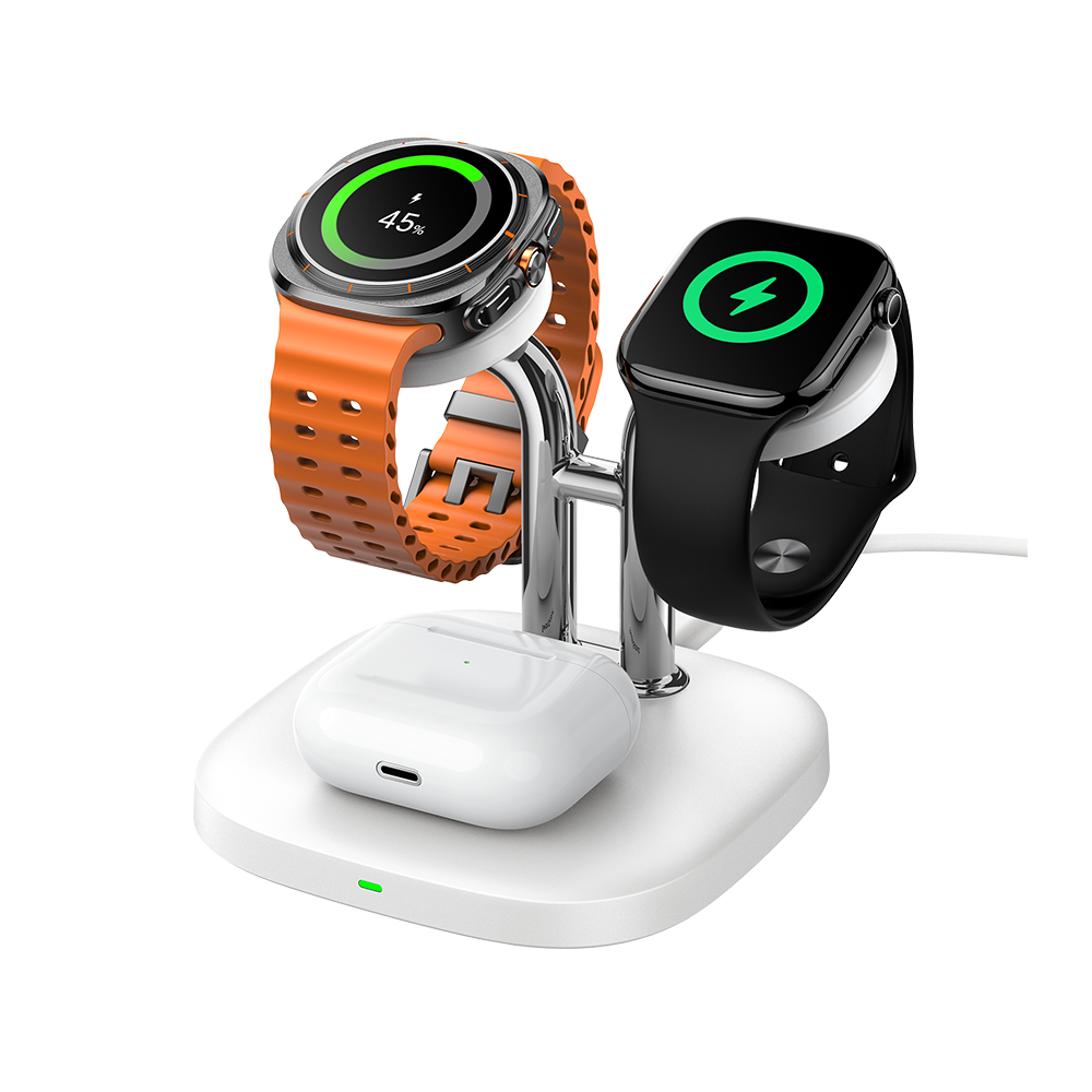 SwanScout 704D 3-in-1 wireless charging station simultaneously powering an Apple Watch, a Samsung Galaxy Watch, and wireless earbuds.