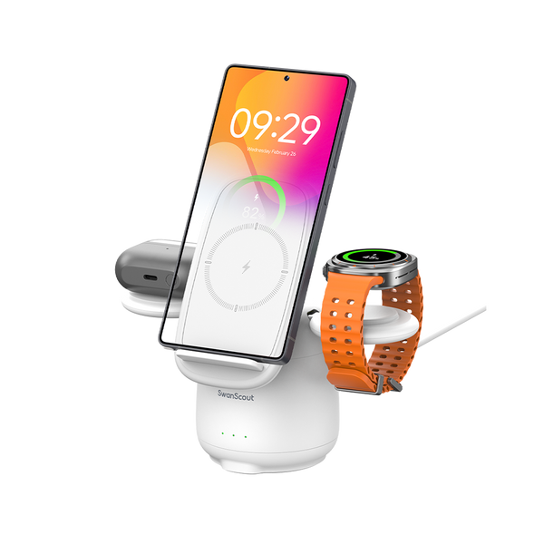 SwanScout 707S penguin-shaped 3 in 1 wireless charging station in white, simultaneously charging a Samsung phone, Galaxy Watch, and earbuds.