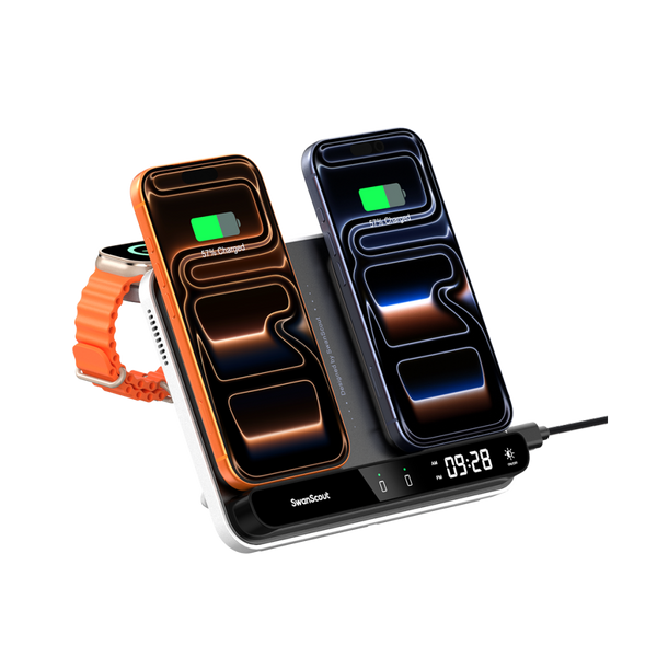 SwanScout 710A charging station simultaneously powering two iPhones and an Apple Watch Ultra 2 with a built-in digital clock.